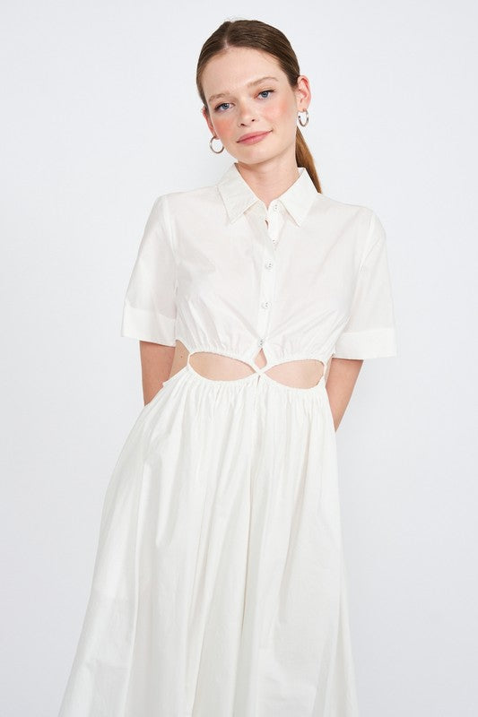 BUTTON UP COLLARED MIDI DRESS WITH CUT OUT