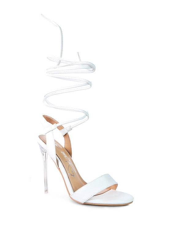 SHEENY CLEAR STILETTO LACE UP SANDAL