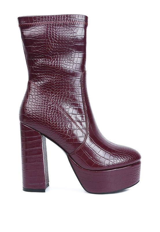 Feral High Heeled Croc Pattern Ankle Boot