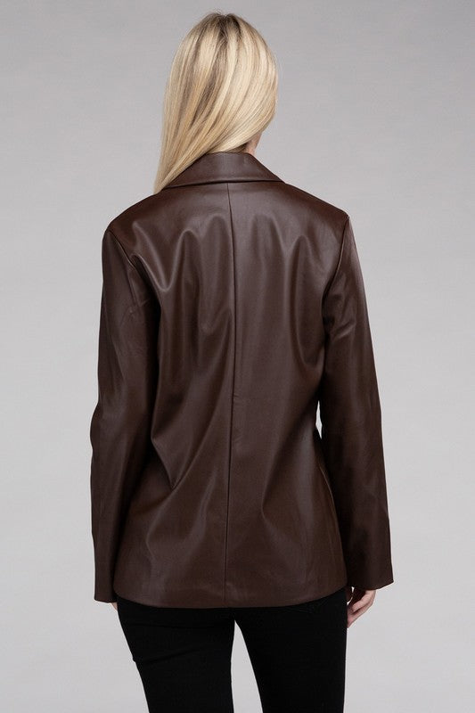 Sleek Pu Leather Blazer with Front Closure