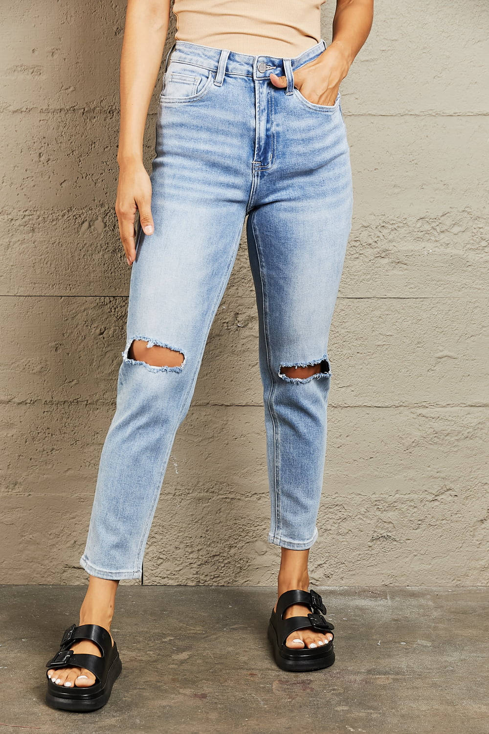 BAYEAS High Waisted Distressed Slim Cropped Jeans